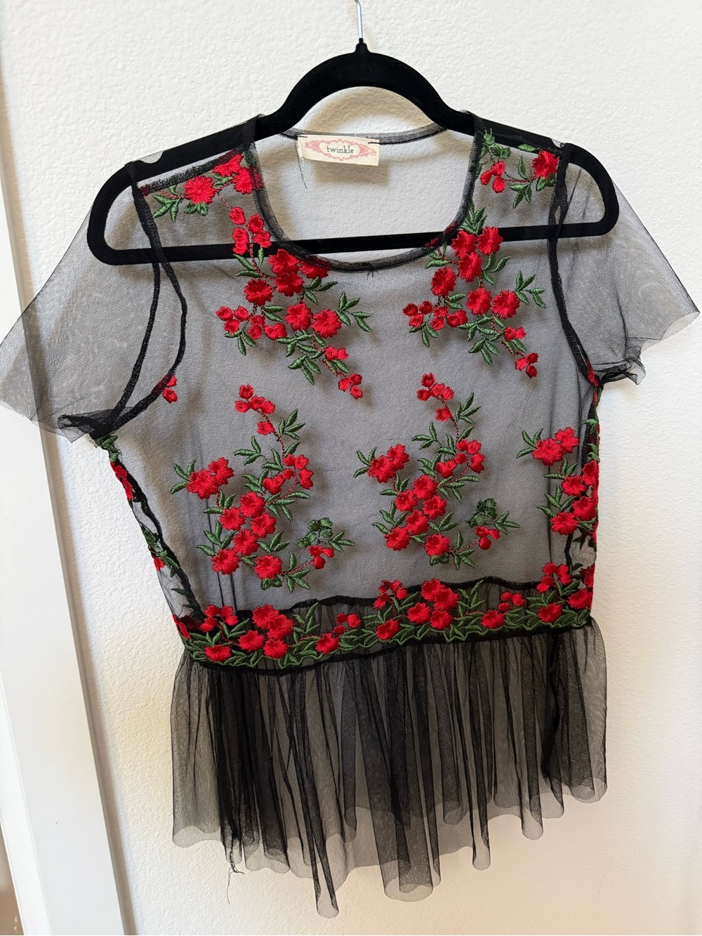 Twinkle by Wenlan Black Sheer Mesh Top with Red Floral Embroidery